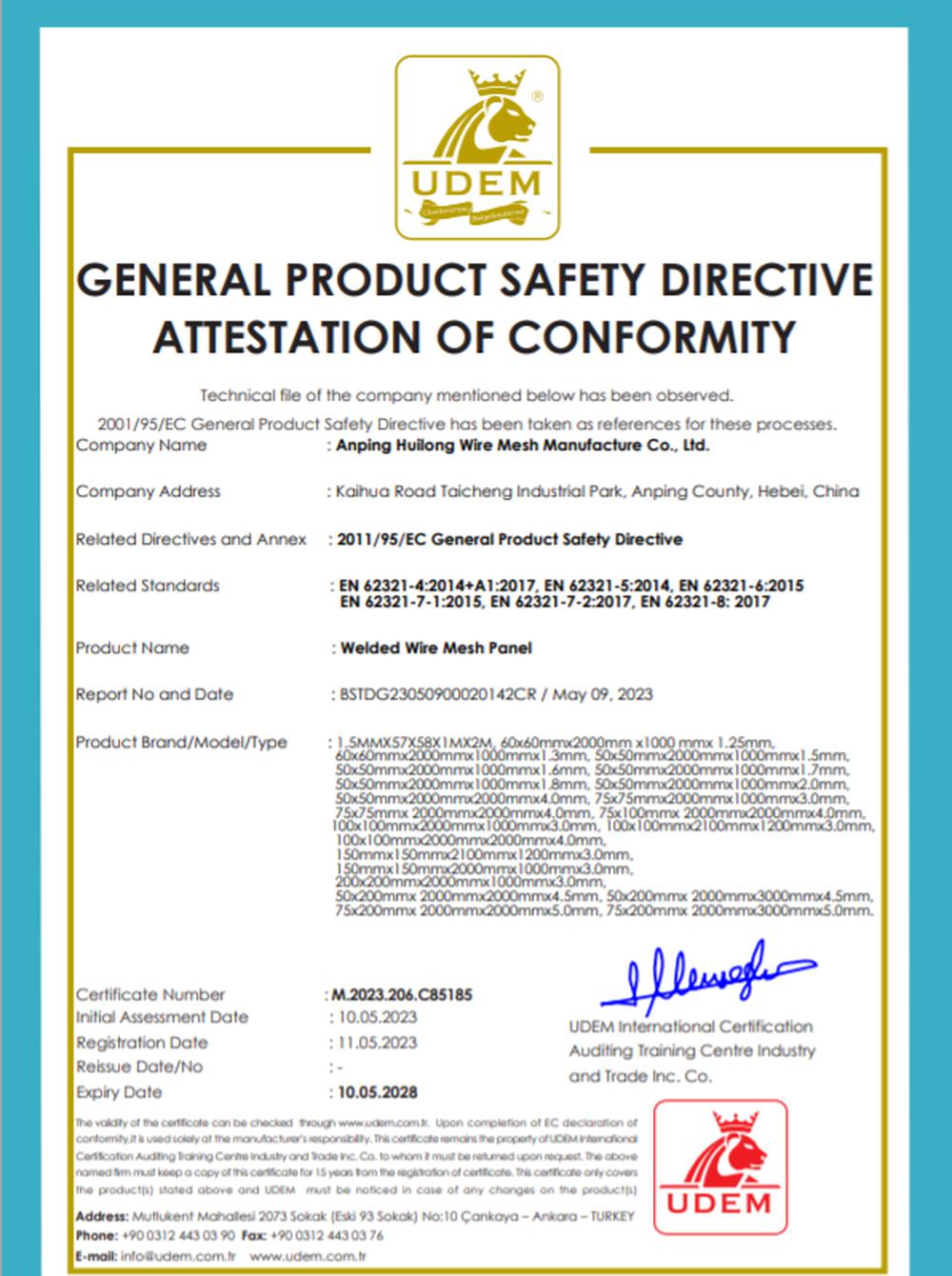 GENERAL PRODUCT SAFETY DIRECTIVE ATTESTATION OF CONFORMITY
