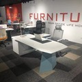 High End Glossy White and Blue Baking Paint Office Table with Return Ergonomic Design Office Furniture Executive Desk1
