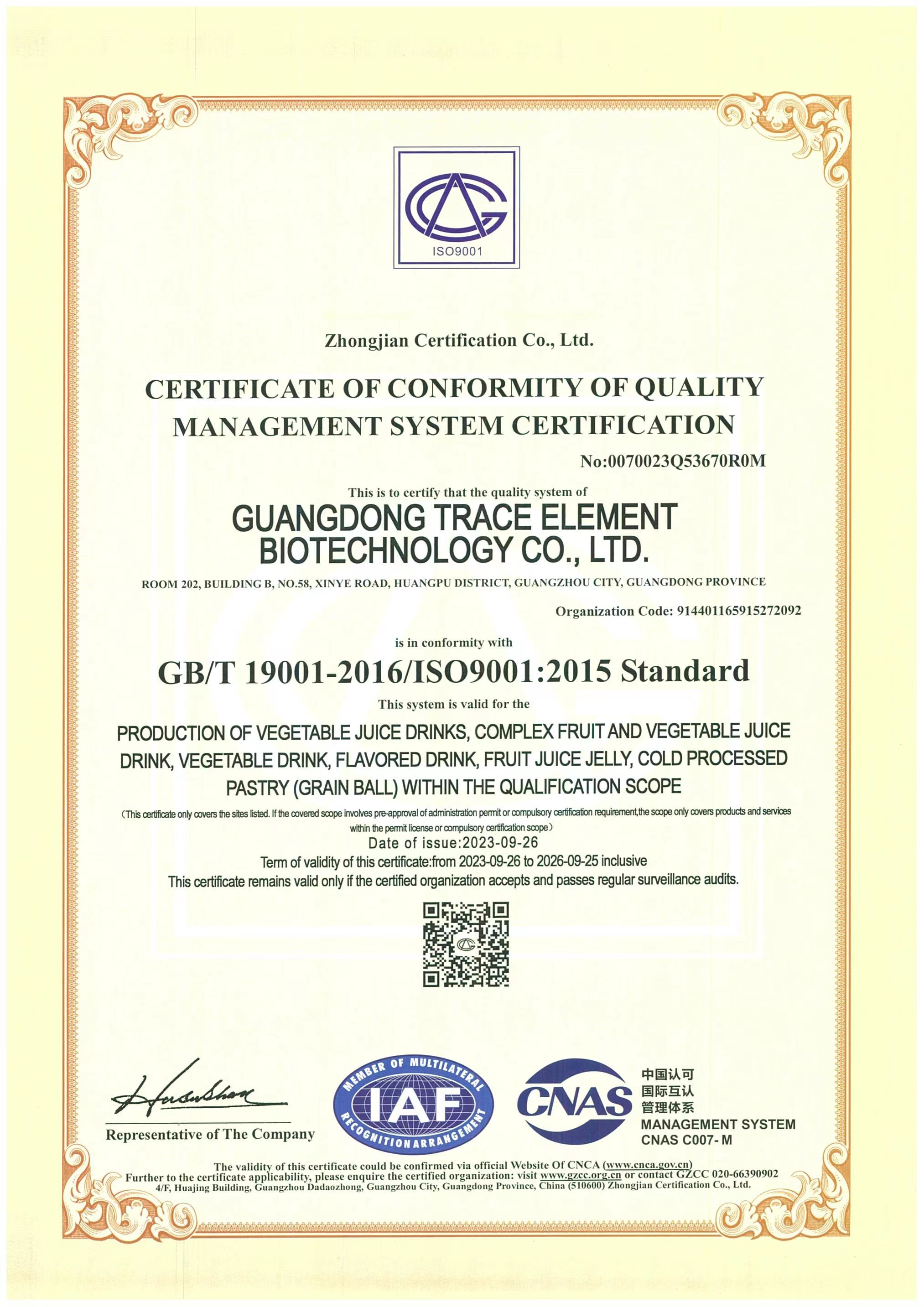 ISO9001质量管理体系认证证书