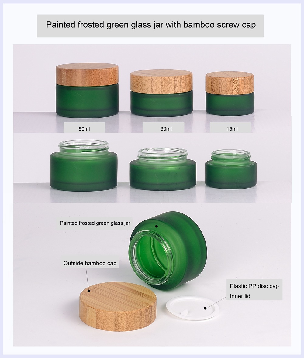 Green Glass Cosmetic Jar With Bamboo