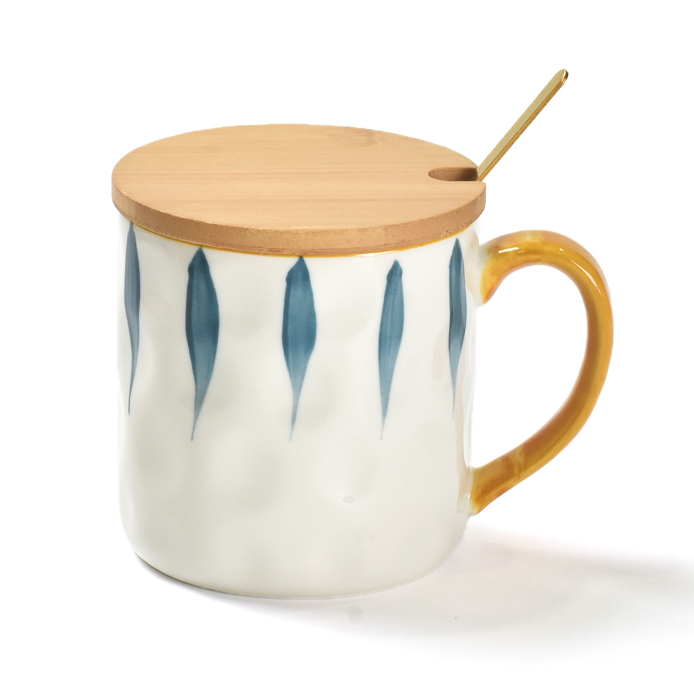 Custom Nordic Ceramic Coffee Mug With Handle Bamboo Lid And Spoon