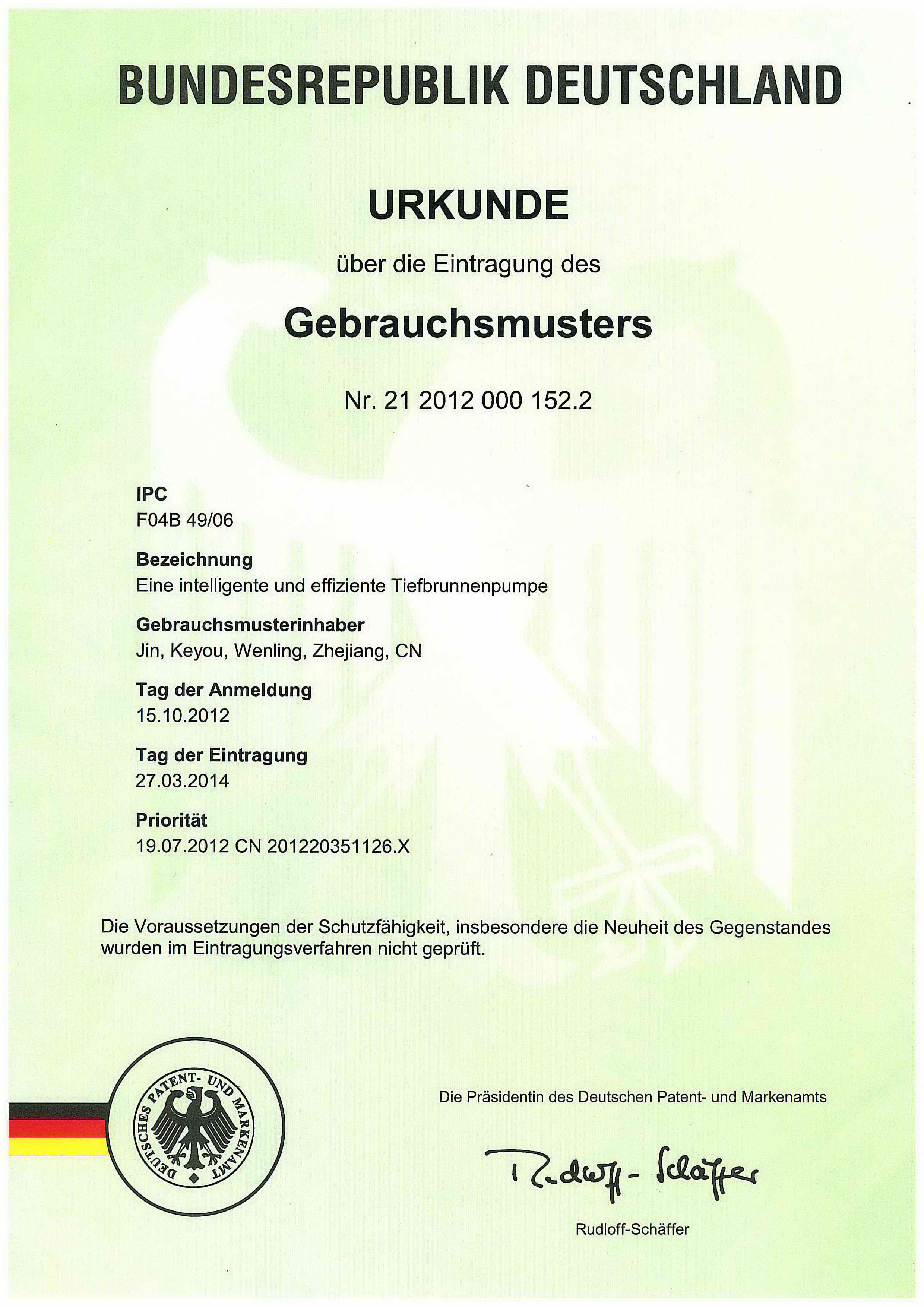 German patent certificate for high-speed deep well pump
