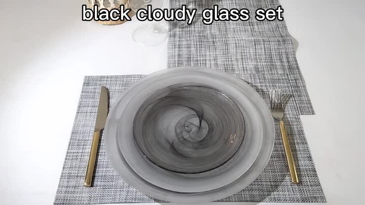 Black Cloudy Colored Glass Dinnerware Plates Set