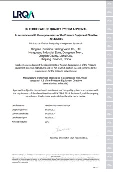 EU CERTIFICATE OF QUALITY SYSTEM APPROVAL