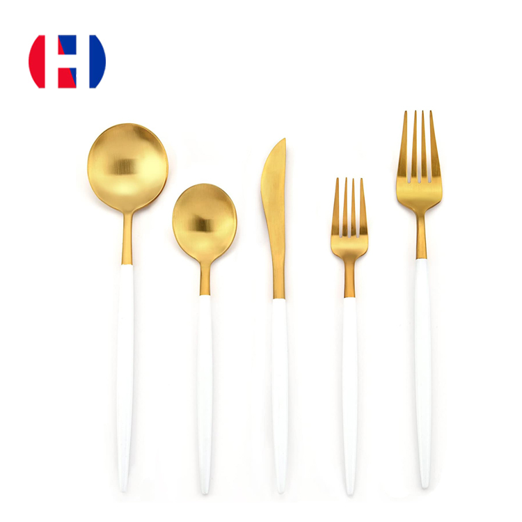 Conjunto de talheres de talheres de talheres de aço inoxidável Luxo 5pc Falhe de talheres branco e fosco Gold Hotel Home Metal Metal Opp Bag 3000Sets1