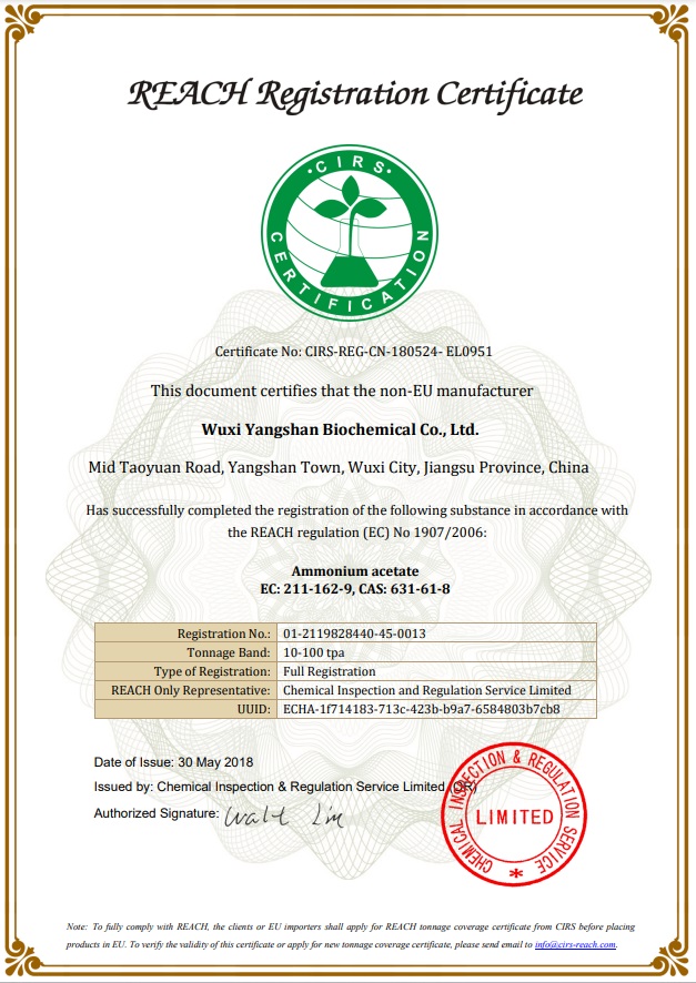 REACH REGISTRATION CERTIFICATE-AMMONIUM ACETATE