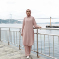 ست شلوار بلوز جامد ترکی زنانه آستین بلند دبی Muslimah کت و شلوار دو تکه ساده