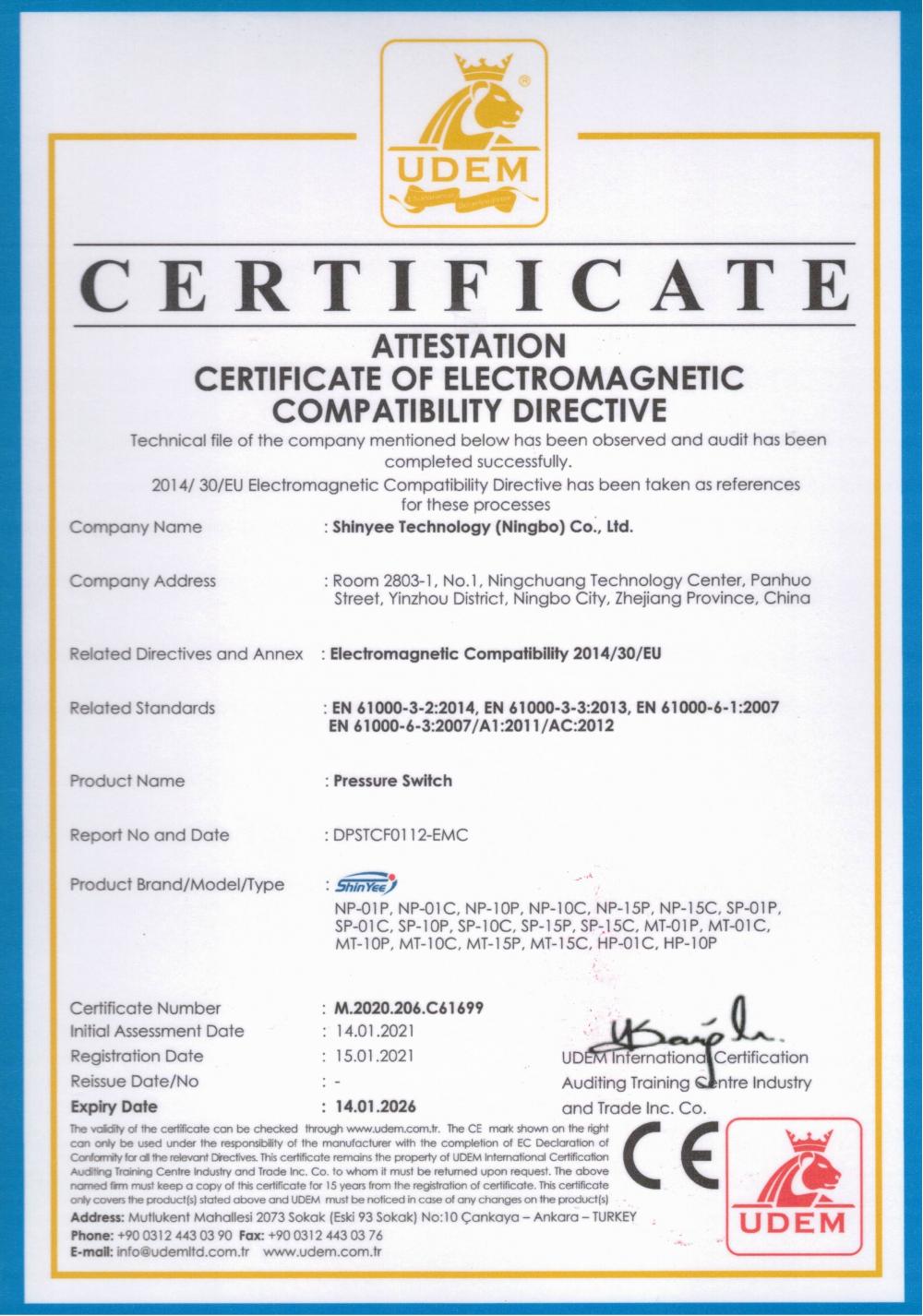 ATTESTATION CERTIFICATE OF ELECTROMAGNETIC COMPATIBILITY DIRECTIVE