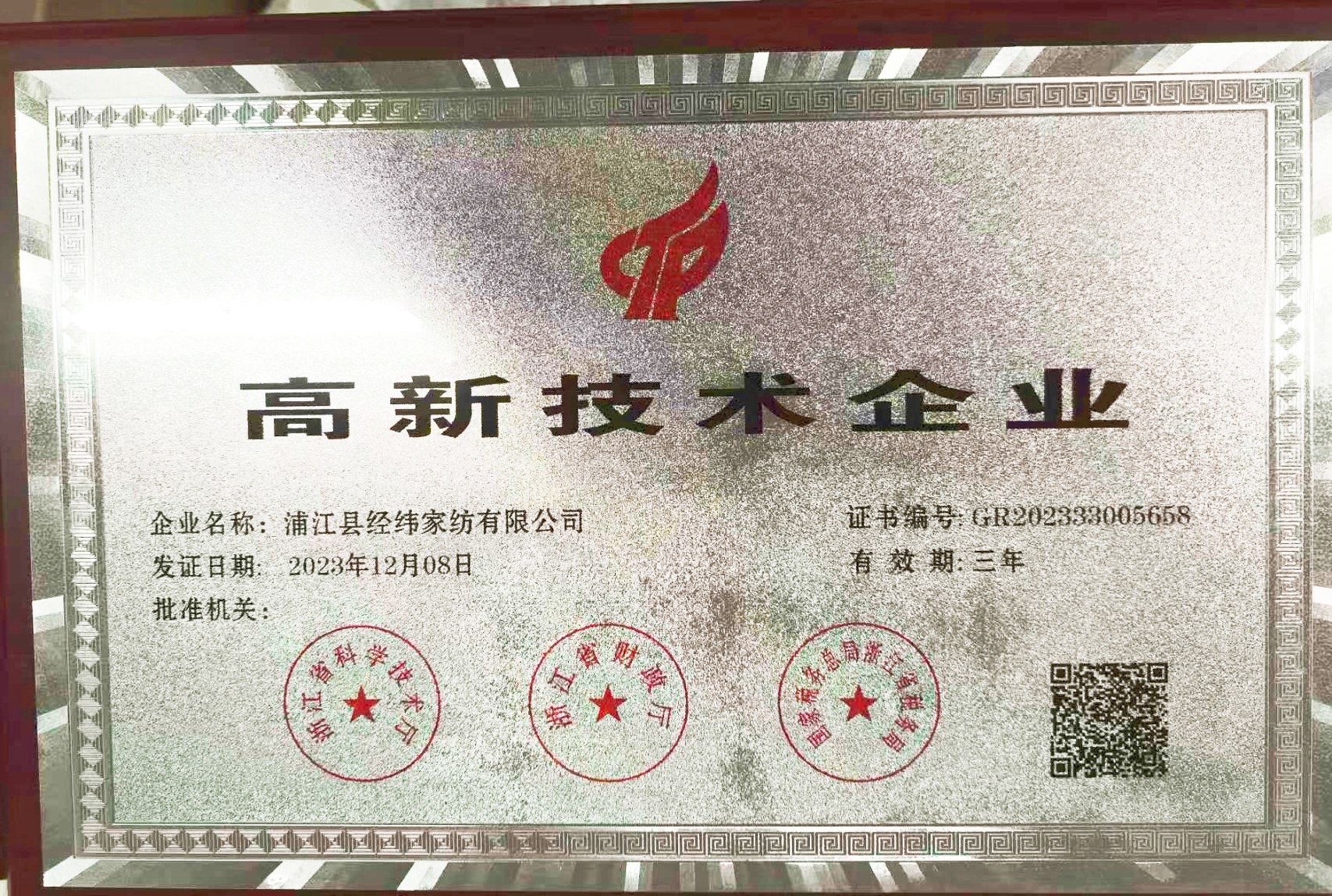 High tech Enterprise Certificate