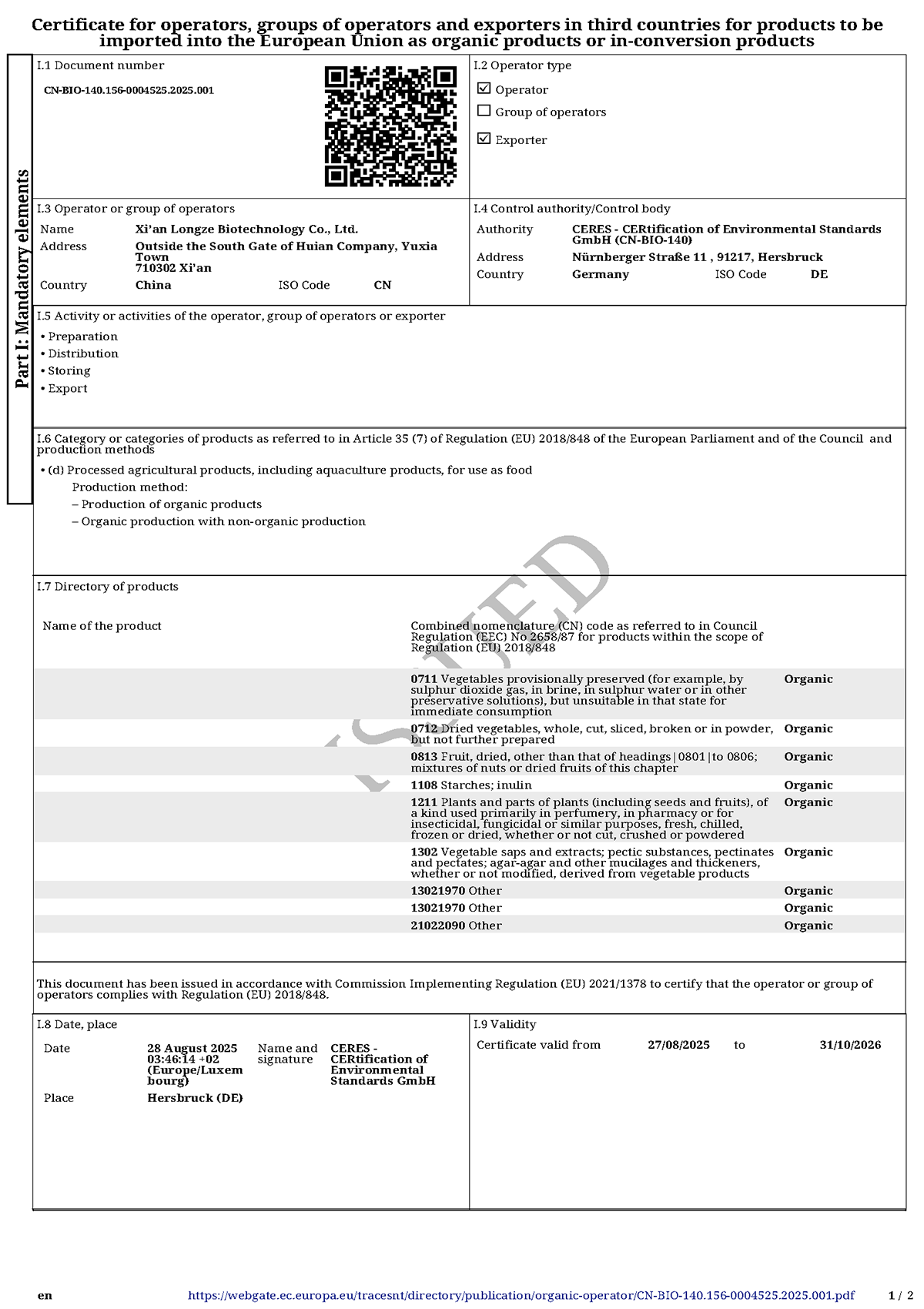EU Organic Certificate