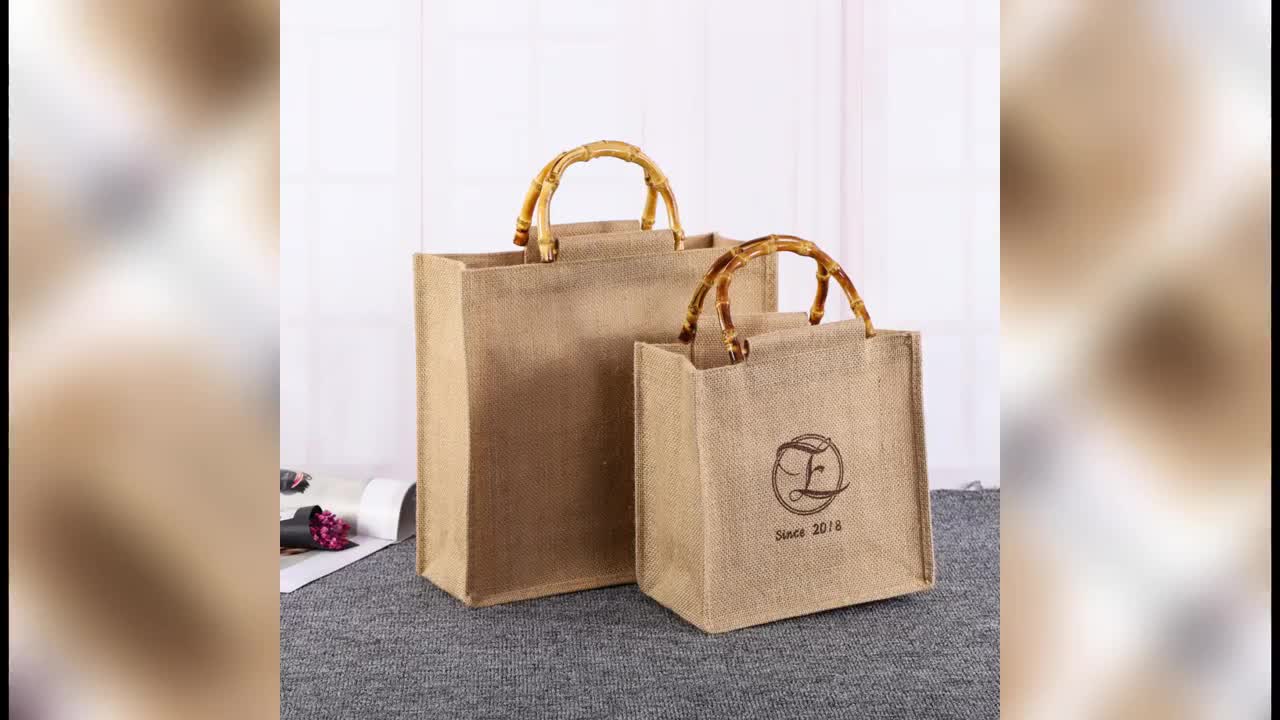 Natural Eco-friendly Large jute tote bag reusable recycled foldable jute shopping bag with leather handles1