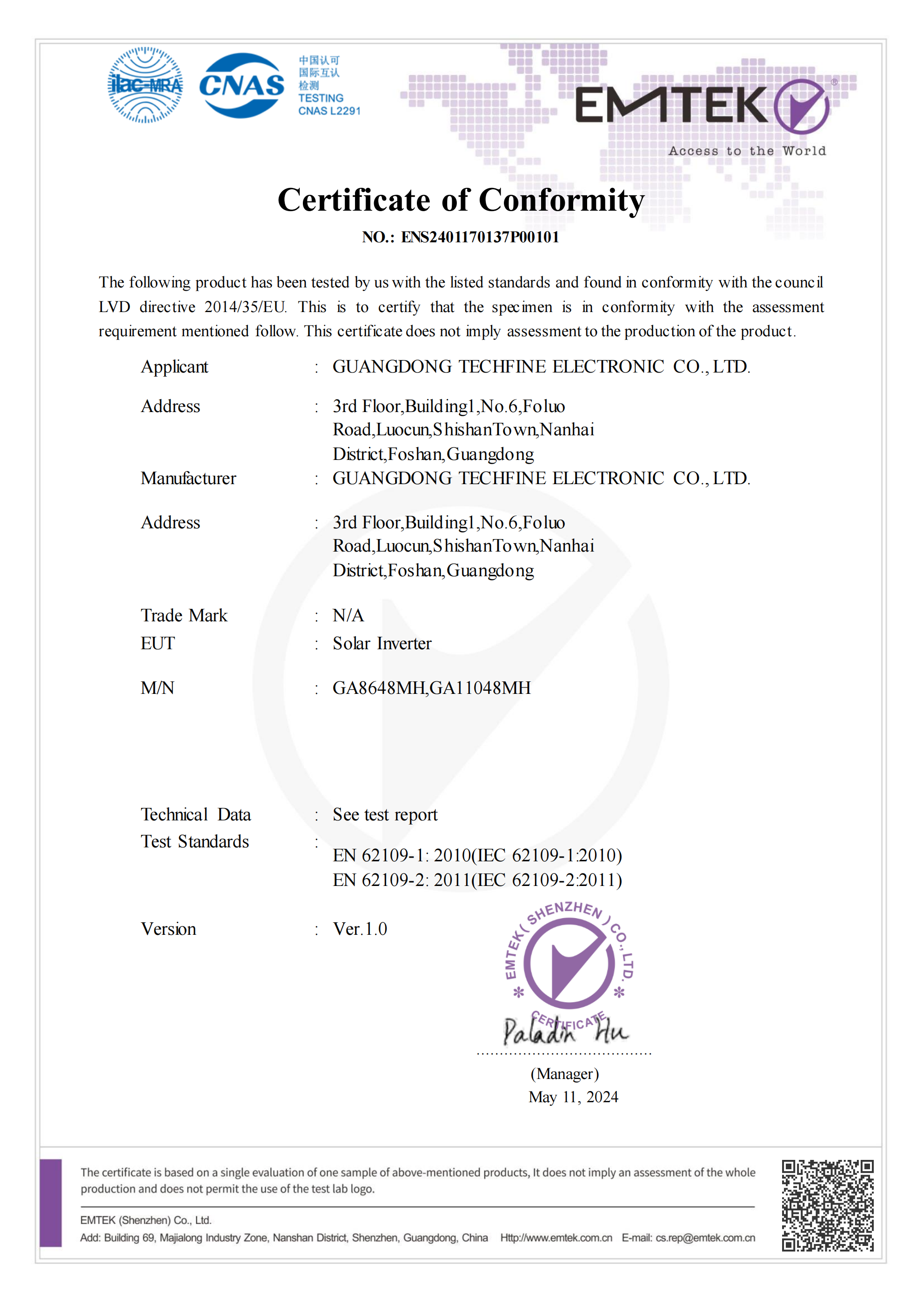 EU LVD safety certification for solar inverter, tested per EN 62109-1:2010, EN 62109-2:2011 standard