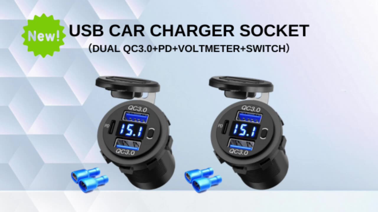 58W 12 Volt USB C bil Fast Charger Socket QC3.0 Dual 12V Typ C USB-C PD Power Outlet med Voltmeter-knappomkopplare1