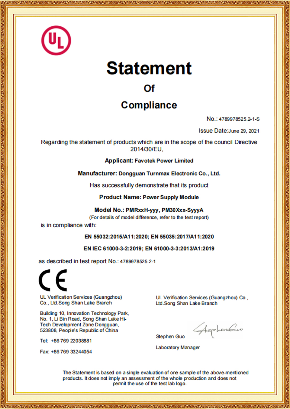 UL certificate of conformity