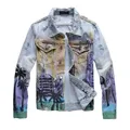 High Street Custom Men&#39;s Graffiti Jean Jackets Coat Slim Fit Outdoor Jackets Holed Rapped Destroyed Print Denim Jacket Coat1