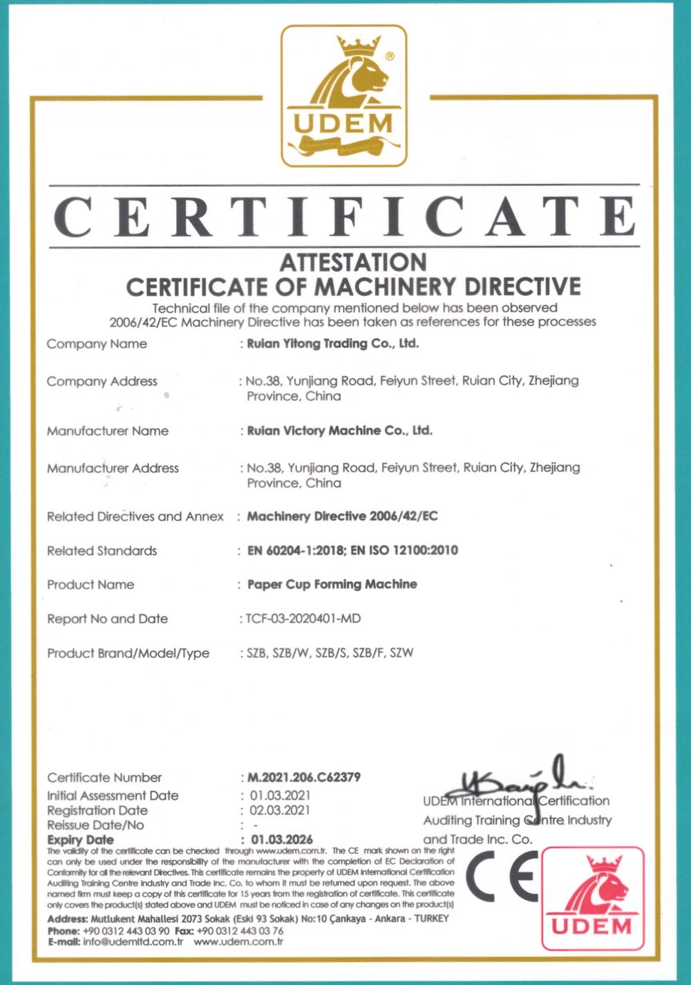 ATTESTATION CERTIFICATE OF MACHINERY DIRECTIVE