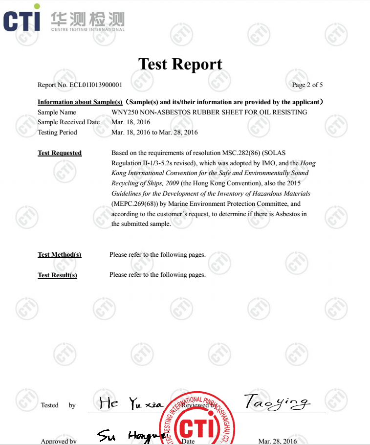 WNY250 NON ASBESTOS RUBBER SHEET FOR OIL RESISTING TEST REPORT