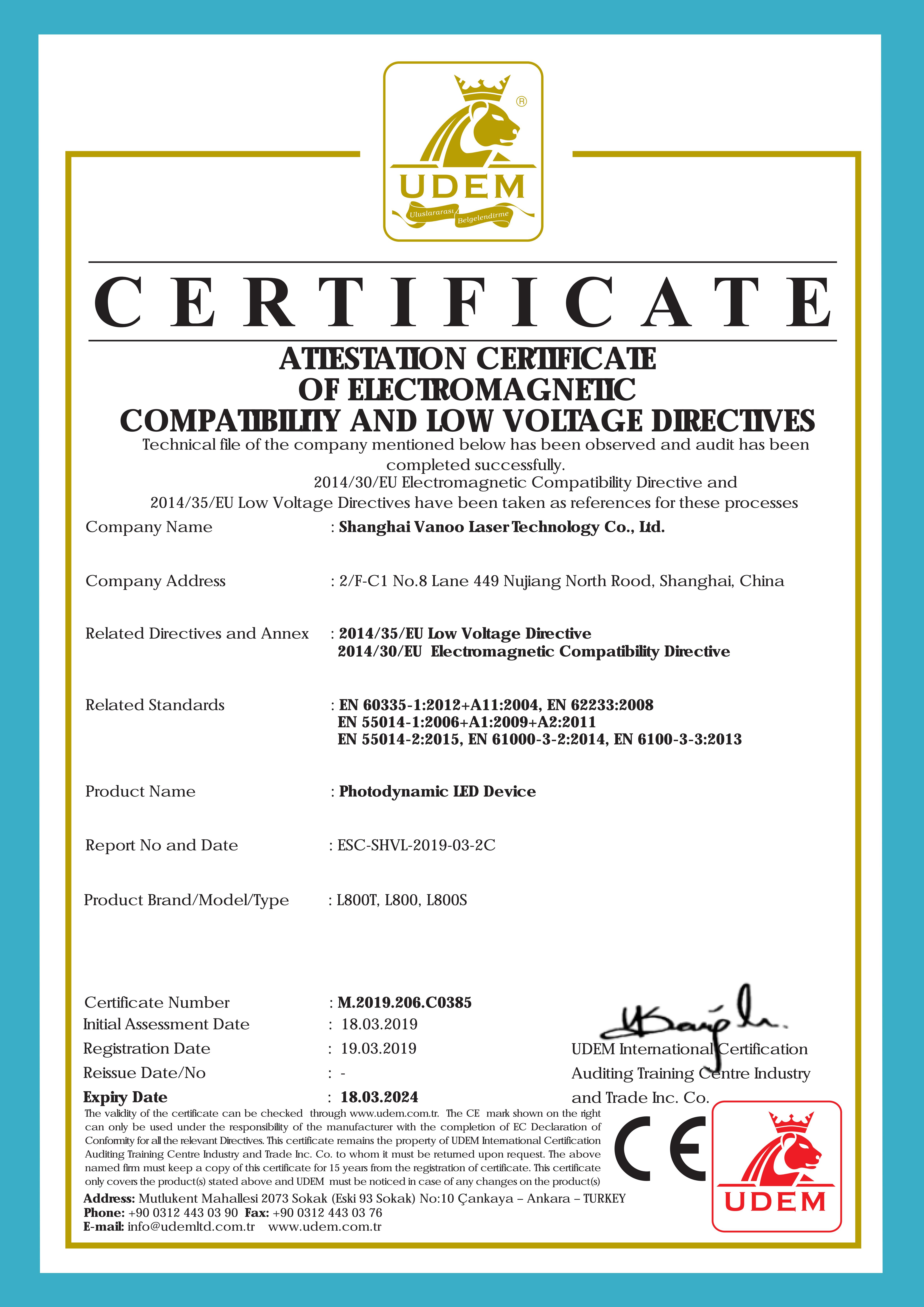 ATTESTATION CERTIFICATE OF ELECTROMAGNETIC COMPATIBILITY AND LOW VOLTAGE DIRECTIVES