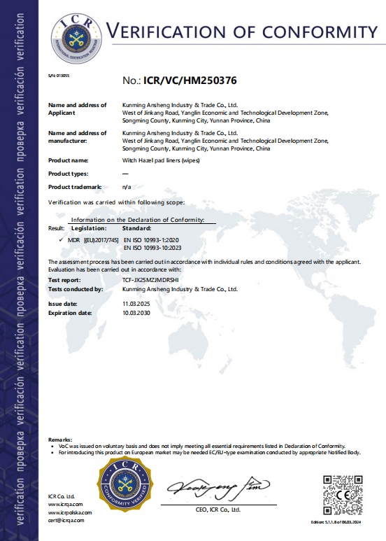 EU MDR Verification of Conformity Certificate for Witch Hazel Wipes
