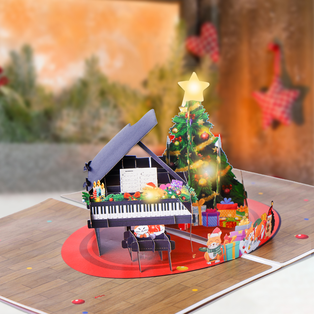 Biglietto musicale pop-up natalizio 3D per pianoforte