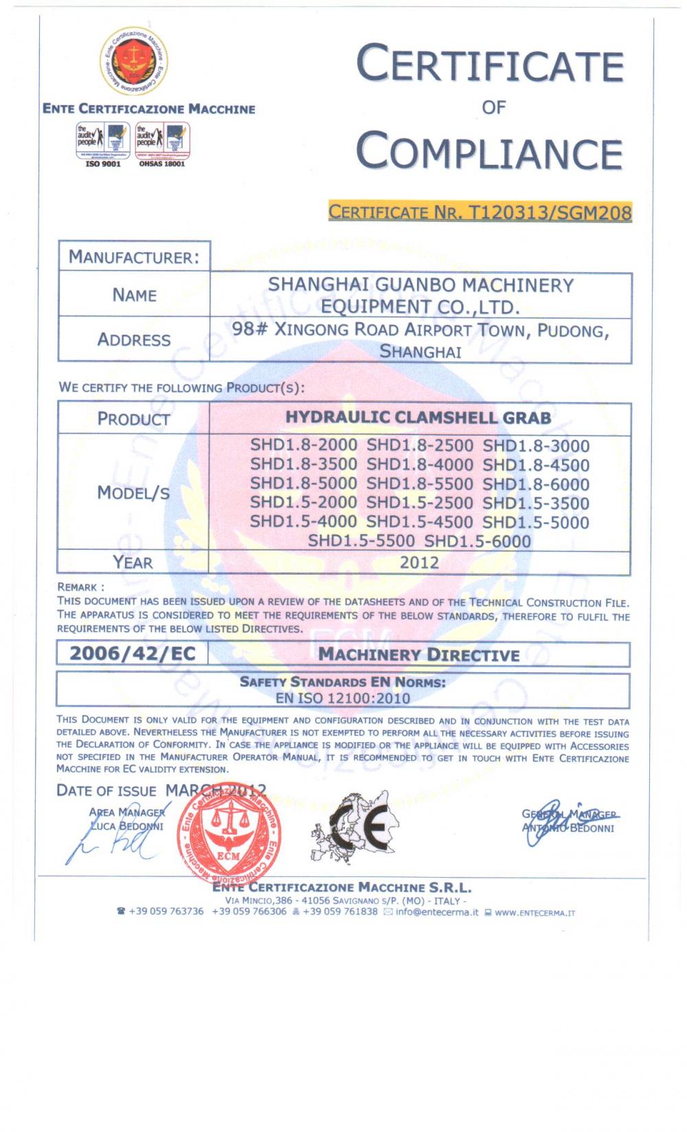 CERTIFICATE OF COMPLIANCE OF PRODUCTS