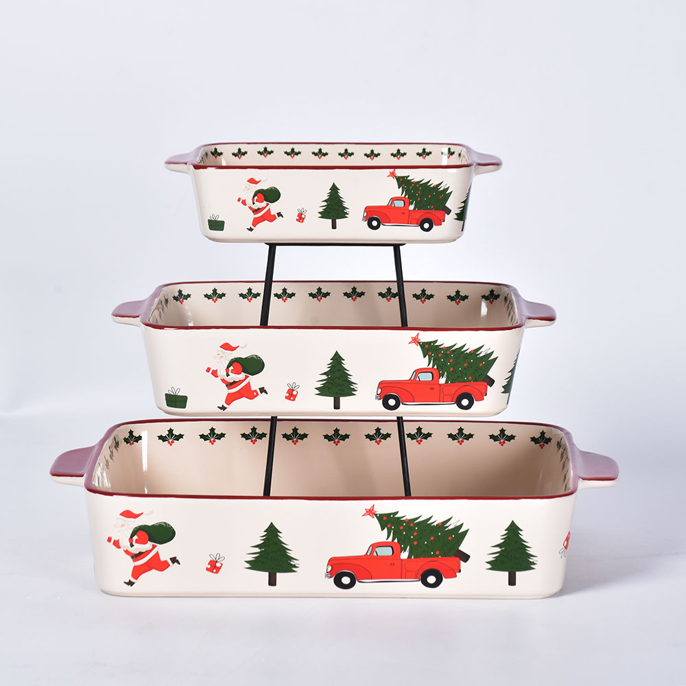 クリスマス卸売長方形磁器3ピースセラミック石器ベーキングトレイ耐熱皿