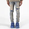 Custom Blue Faded Jean παντελόνια που έχουν επιδιορθωθεί με επιδιορθωμένο κοκαλιάρικο παντελόνι τζιν για Men1