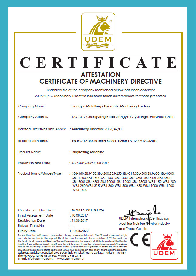 Attestation certificate of machinery directive