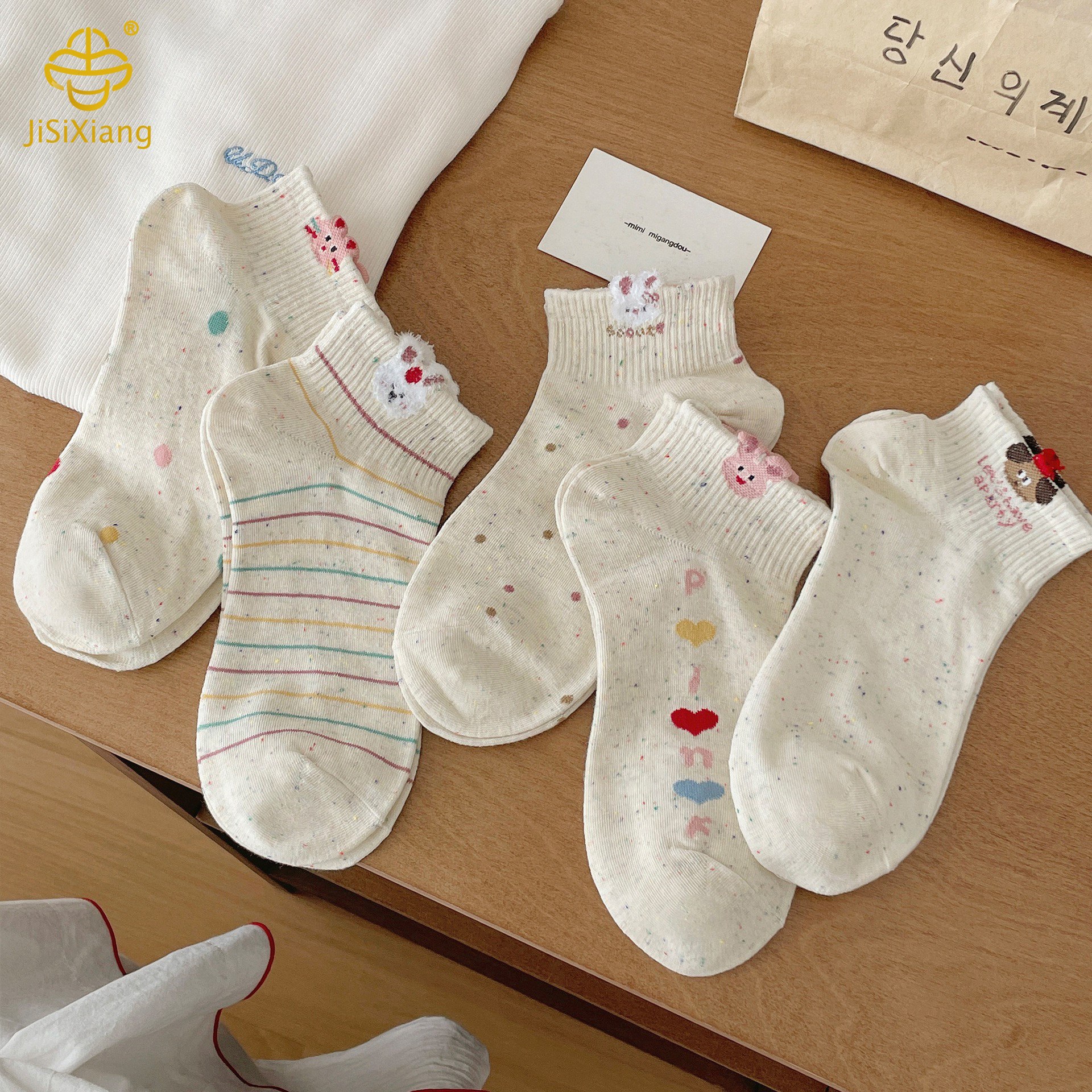 한국 버전 만화 토끼 짧은 양말 하트 모양의 아이디어, 거즈 보트 양말