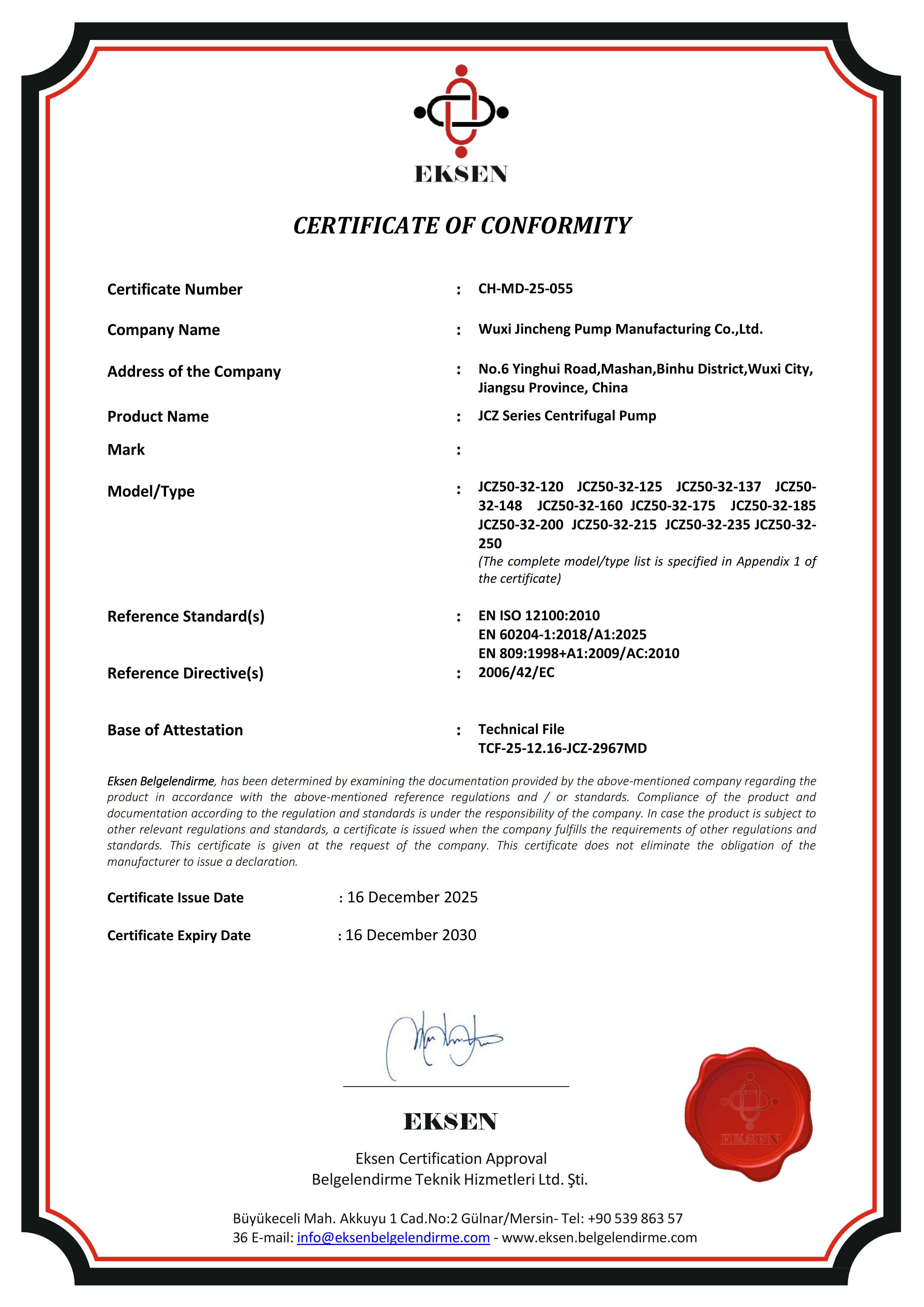 CERTIFICATE OF CONFORMITY