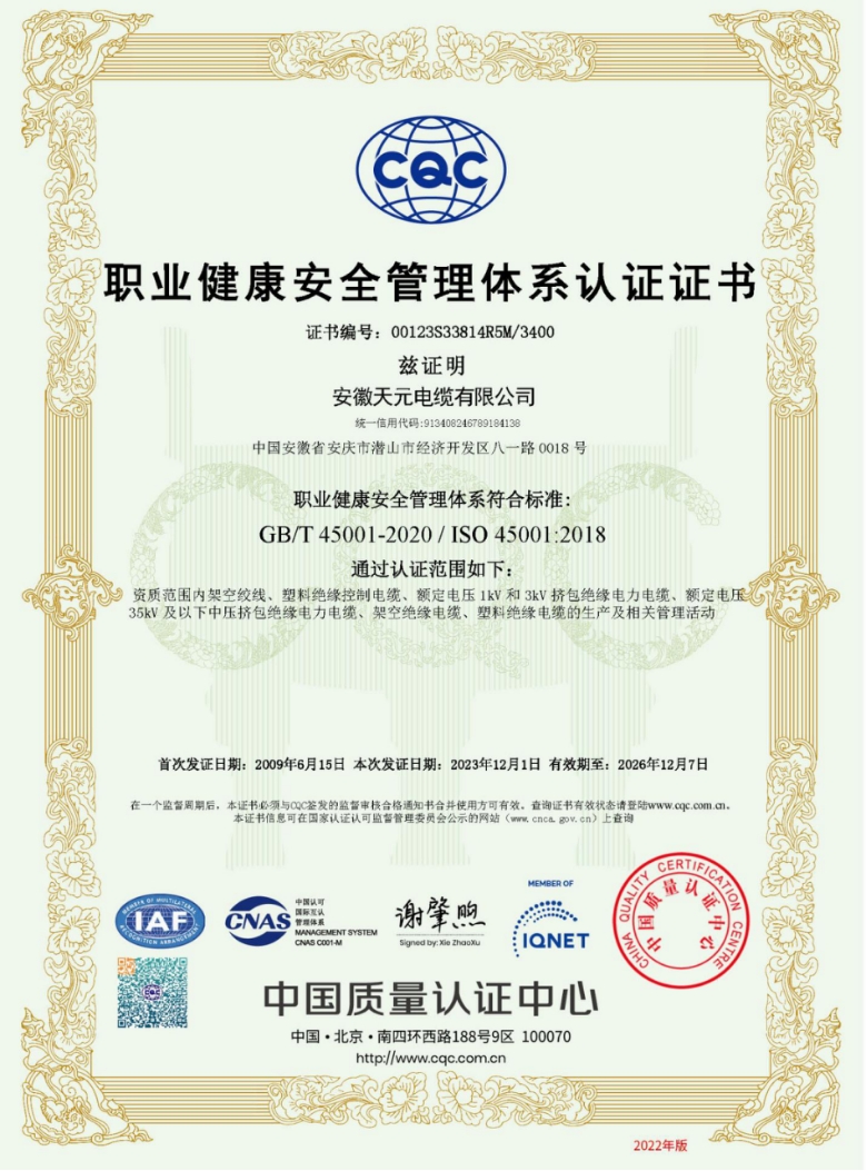 Occupational Health and Safety Management System Certification Certificate