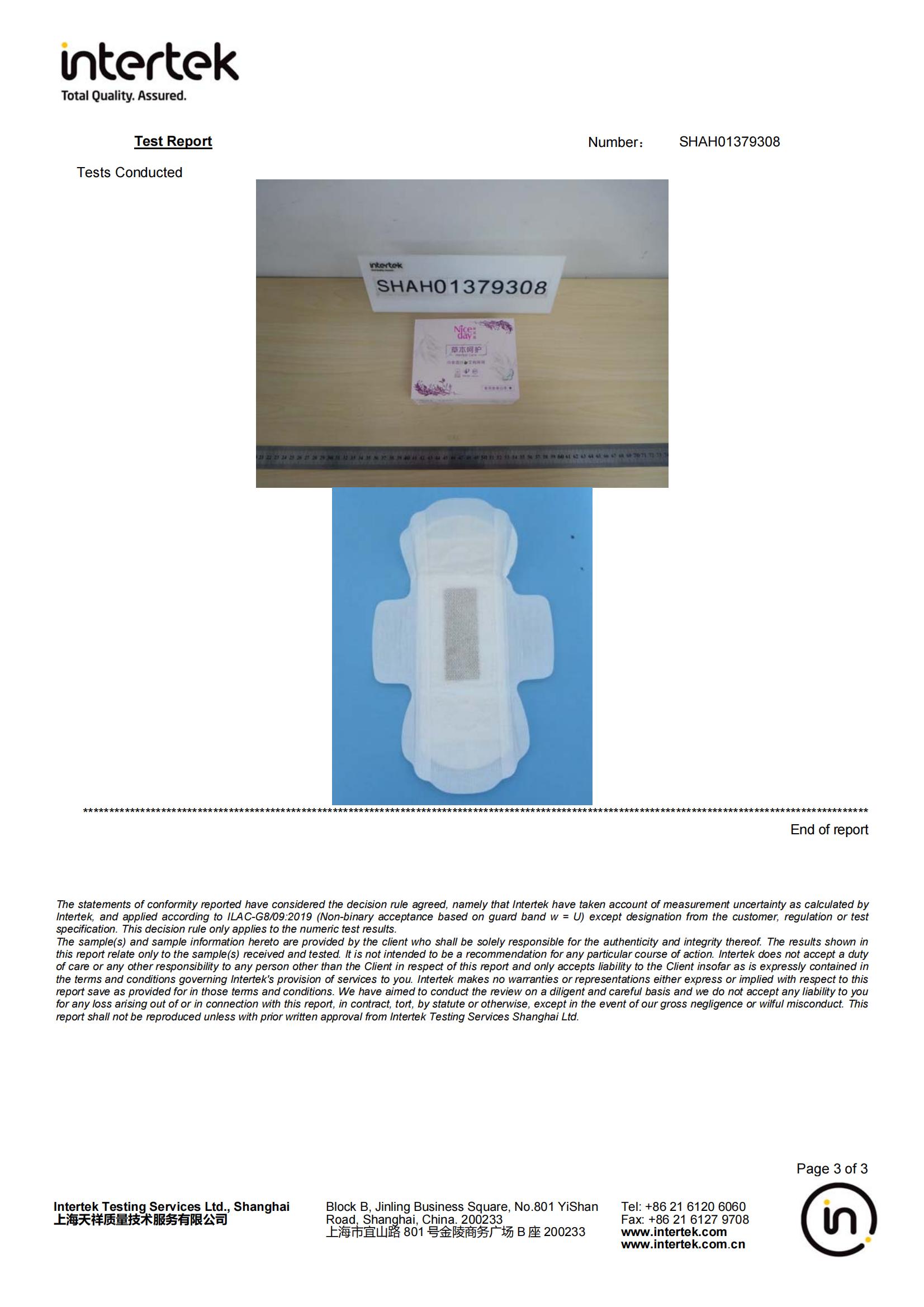 Herbal sanitary pad test report