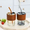 Custom Logo 450ml Clear Glass Slub Cup with Lid and Straw, Simple Glass Coffee Cup with Leather Case1
