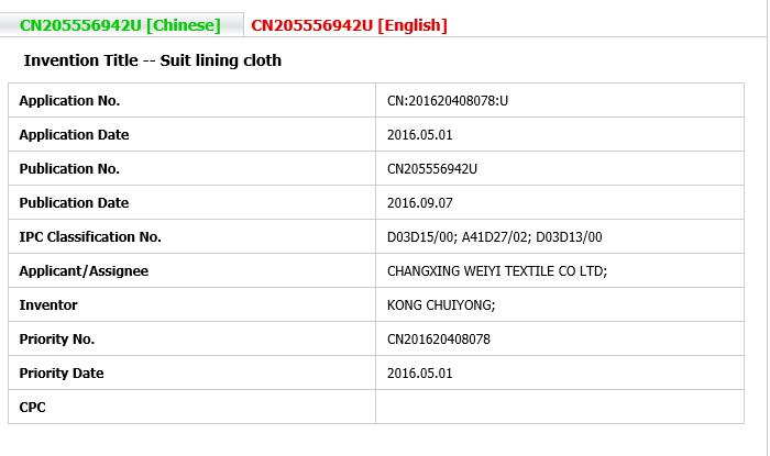 PATENT-Suit lining cloth