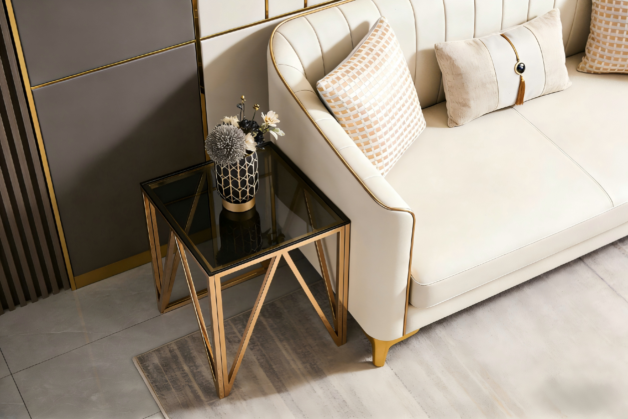 Mesa lateral compacta de aço inoxidável TL-AS73G com tampo de vidro para espaços modernos