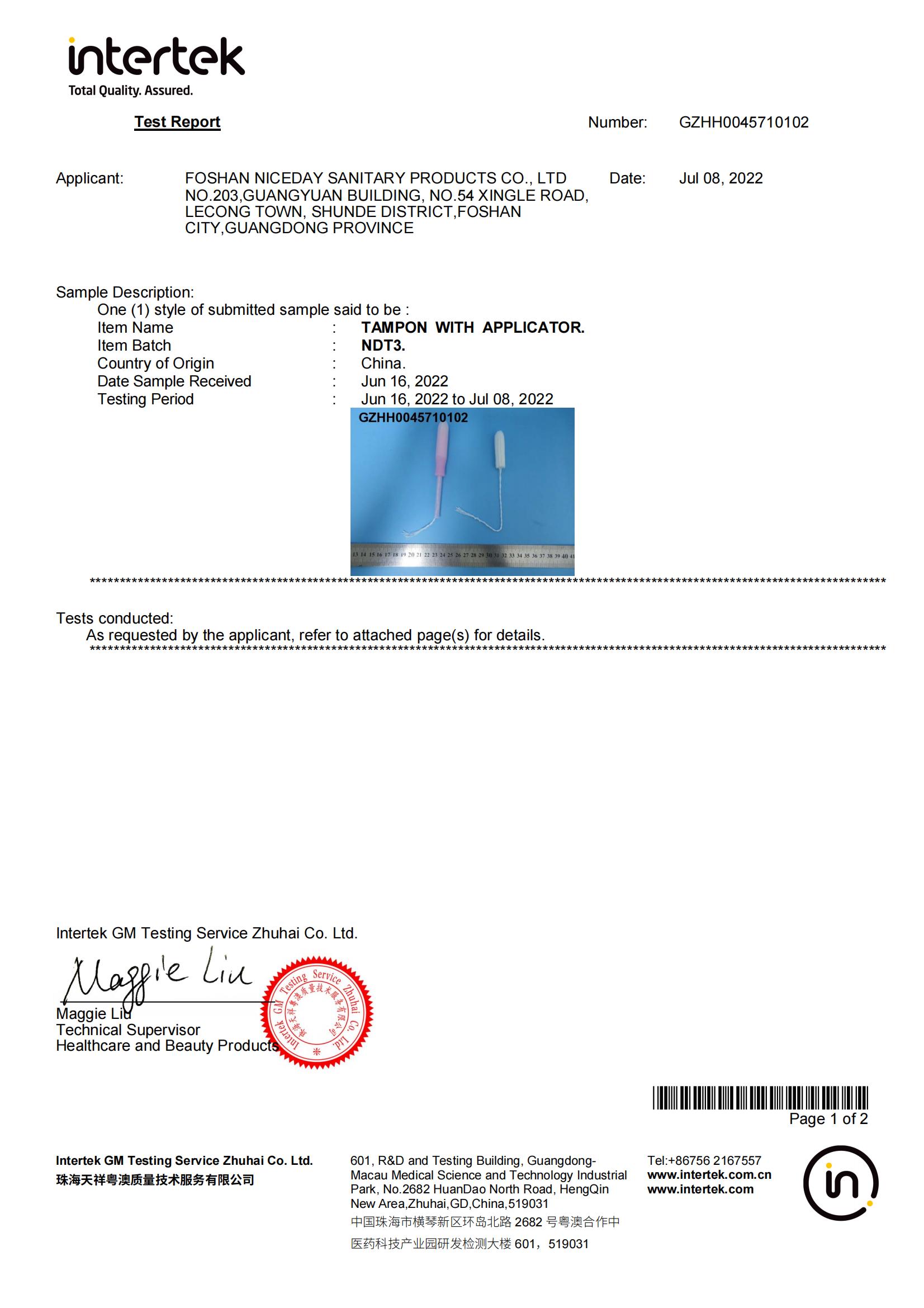 Applicator tampon test report