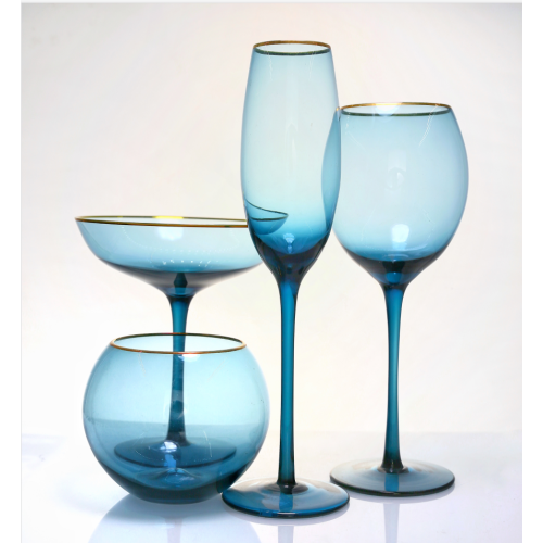 new product-blue wine glass set with gold rim