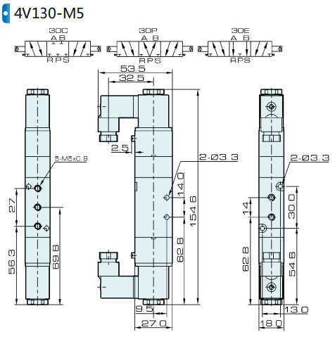 Airtac 유형 에어 파일럿 공압 밸브 5/3 웨이 4A130C-M5 4A130E-M5 4A130P-M5 0