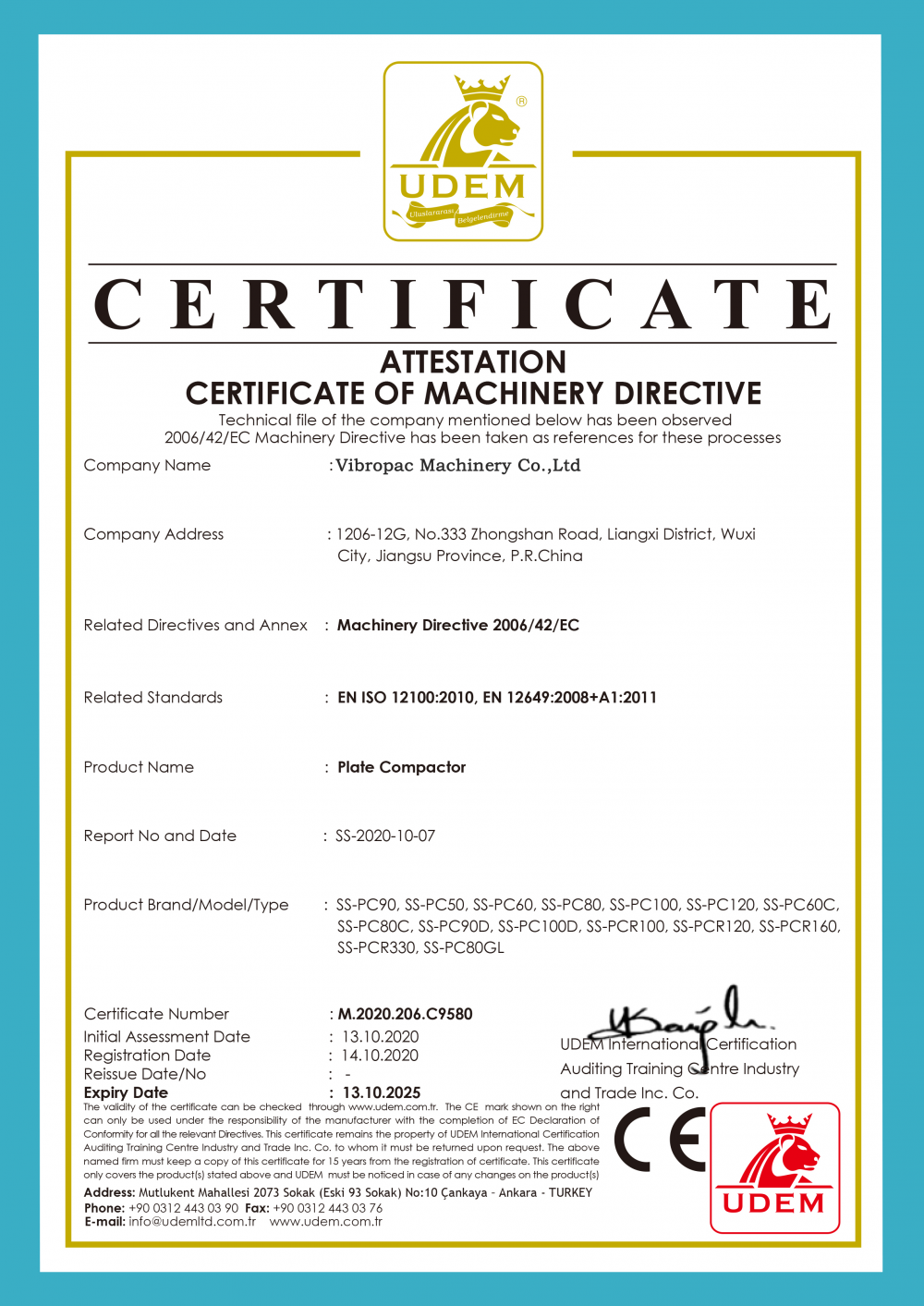 ATTESTATION CERTIFICATE OF MACHINERY DIRECTIVE