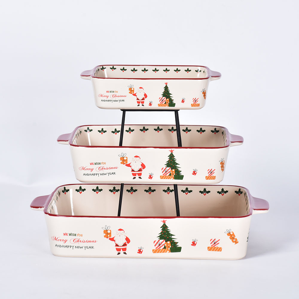 Christmas wholesale rectangle porcelain 3 piece ceramic stoneware baking tray bakeware