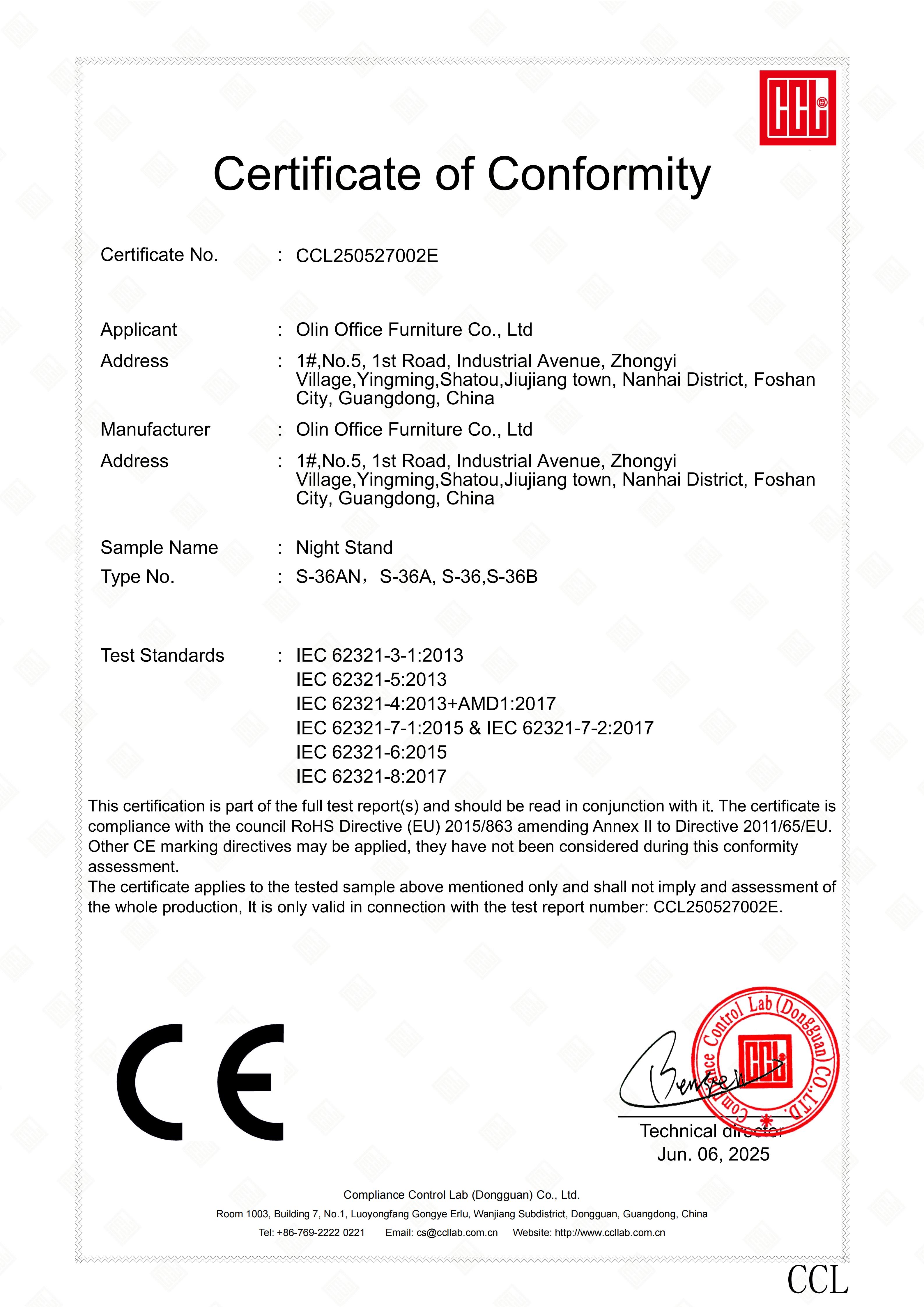 Night Stand CE Certificate of Conformity