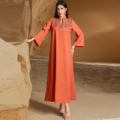 لباس زنانه مسلمان 2025 دبی کافتان نوار توری یکرنگ با آستین تمام یقه ارسی های مراکشی Abaya1