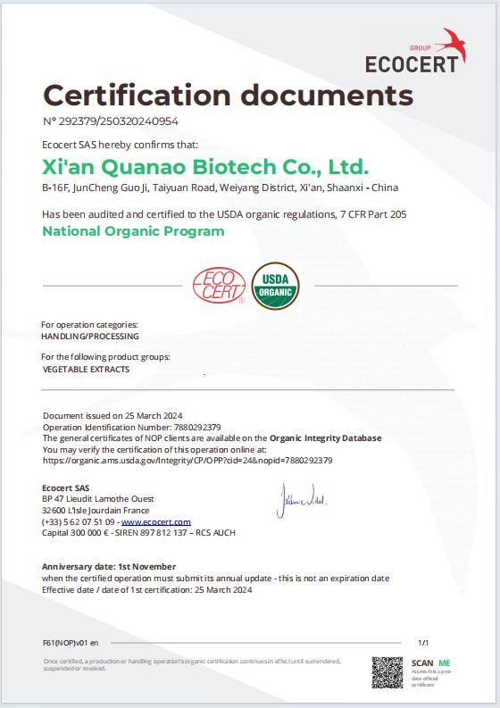 ECO-CERT/USDA ORGANIC