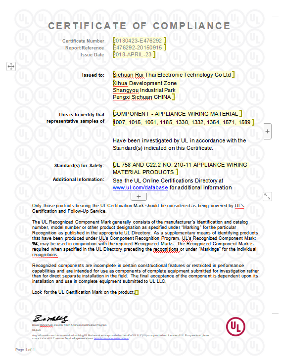 CERTIFICATE OFCOMPLIANCE