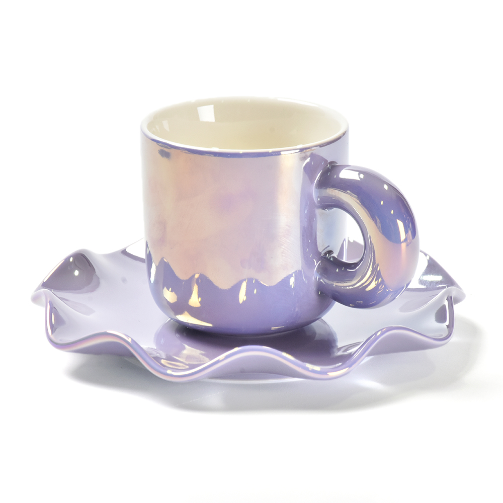 Amazon inductive rainbow color pearlescent mug porcelain gift ceramic tea cup flowers coffee cups and saucer set