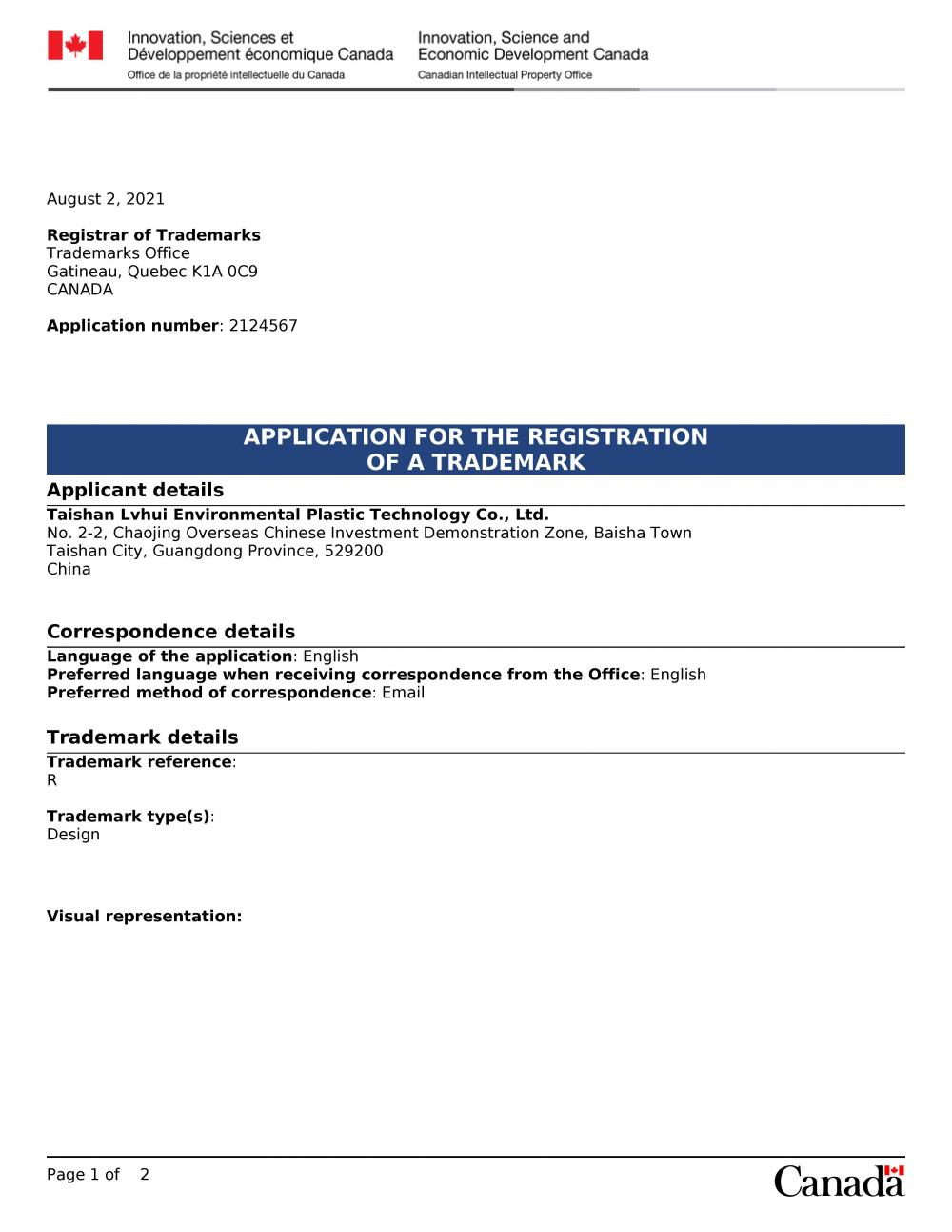 APPLICATION FOR THE REGISTRATION OF A TRADEMARK- CANADA-