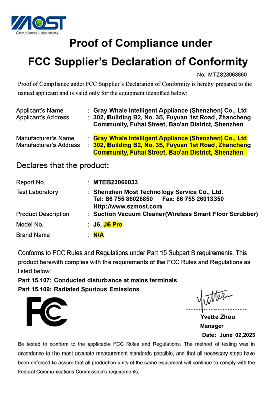 Proof of Compliance under FCC Supplier's Declaration of Conformity