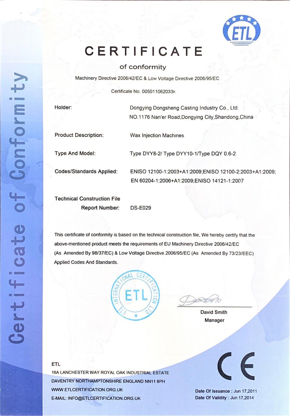 CE certification of wax injection machine