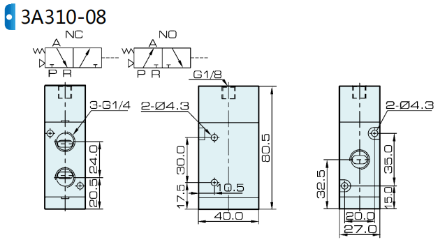 3A310-08 Airtac 유형 공압 공기 작동 파일럿 밸브 3/2 Way 0