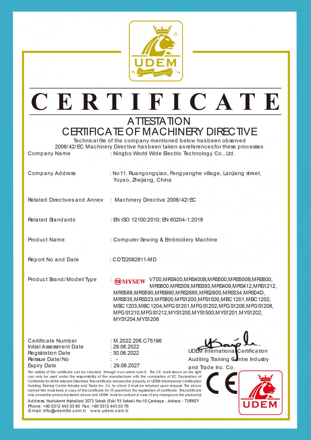 ATTESTATION CERTIFICATE OF MACHINERY DIRECTIVE